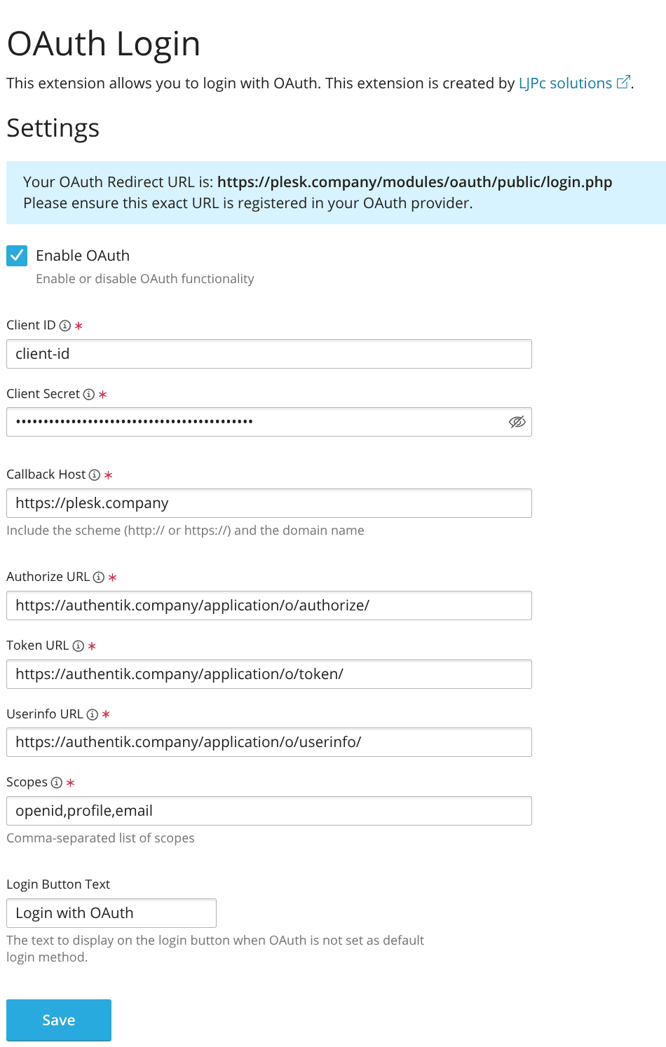 Plesk OAuth Login Settings